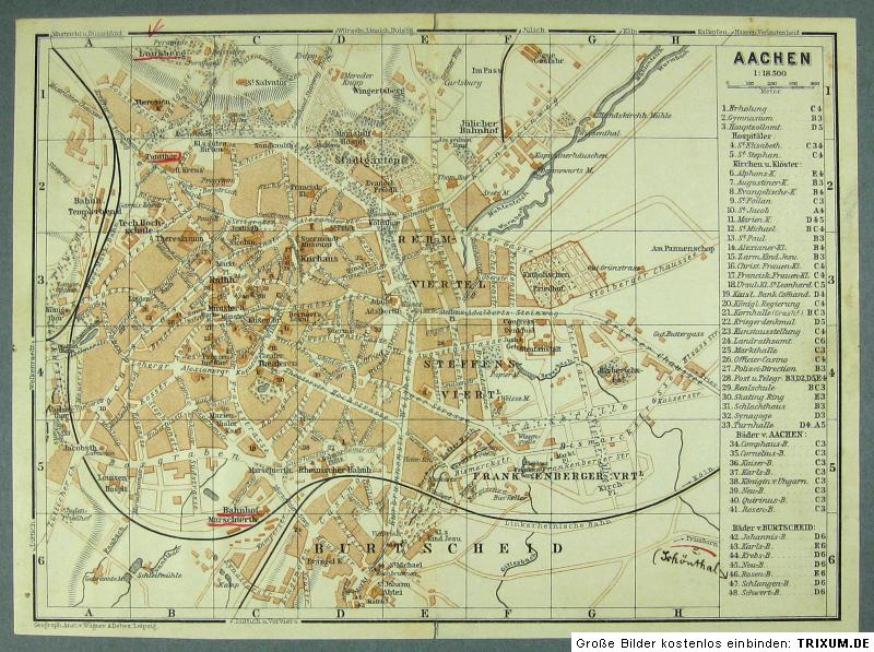 AACHEN Alter Farbiger Stadtplan Gedruckt Ca 1900